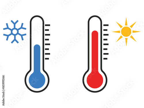 Hot and cold icon vector set. Temperature icon, Thermometer, Snowflake and sun icon symbol. Snowflake and fire, flame air temperature, weather, symbol. Heating and cooling sign. Vector illustration.