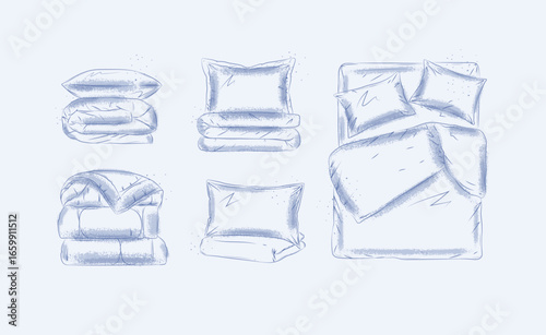 Bedding set with elements pillow, folded blanket, sheet, bed for bedroom drawn in graphic style on blue background
