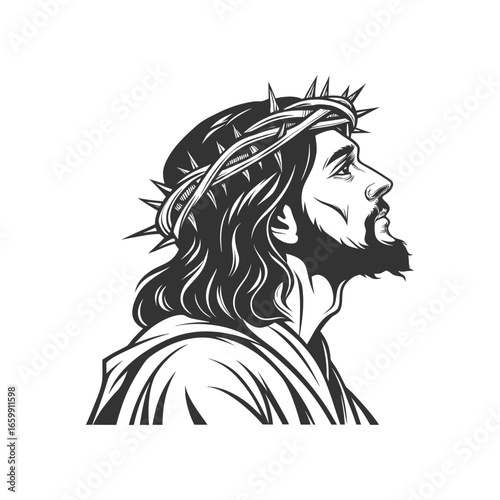 Monochrome illustration of Jesus Christ wearing a crown of thorns looking upwards