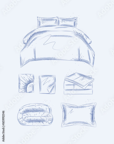 Bedding elements set with pillow, folded blanket, sheet, bed for bedroom drawn in graphic style on blue background