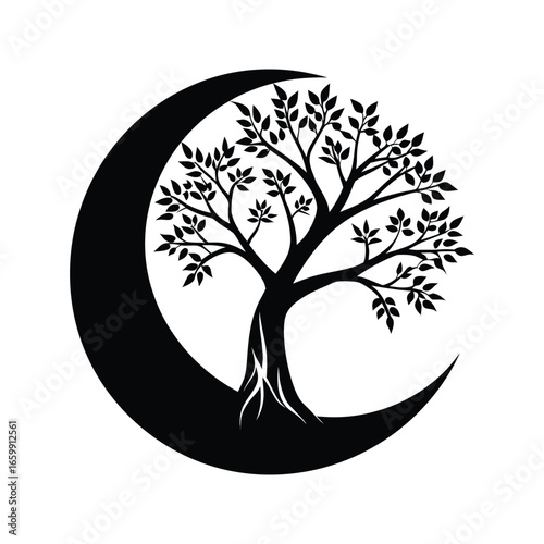 Stylized black silhouette of a tree growing within a crescent moon