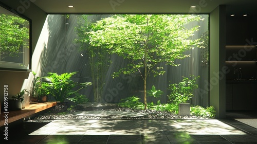 Serene Indoor Oasis with Lush Greenery and Soft Natural Lighting in a Modern Space