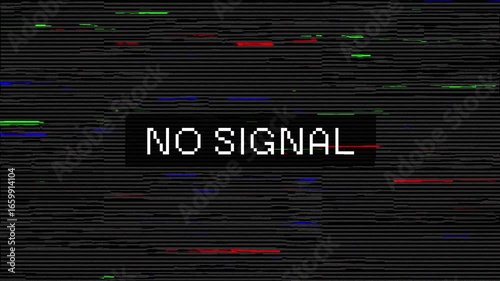 No signal text retro TV screen glitch on black background. 4K Video