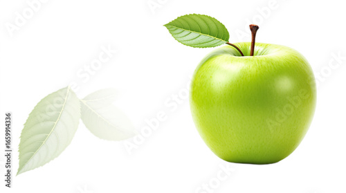 Fresh green apple with leaves on a white background for healthy eating and nutrition
