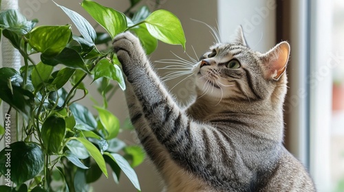 Curious tabby cat interacting with indoor greenery near window