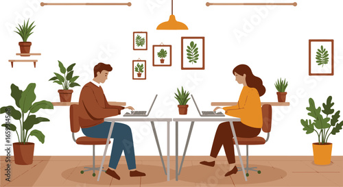 Man and Woman Working on Laptops at a Table with Plants and Artwork in a Colorful Room Keywords: people, man, woman, working, laptops, table, chairs, plants, potted plants, artwork, framed art