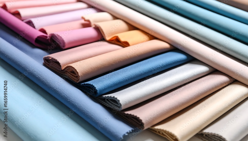 Fototapeta premium Rolled fabric samples of different colors.