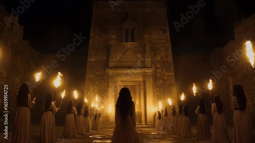 An eerie cult ritual unfolds at night, with women holding torches around a temple, evoking themes of mystery and dark magic.