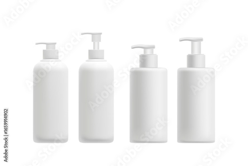 Cosmetic 3D plastic dispenser bottle with pump mockup set, isolated, transparent background. Skin care lotion bottle, clean texture. Beauty moisturizer, cleansing oil, face wash product packaging.