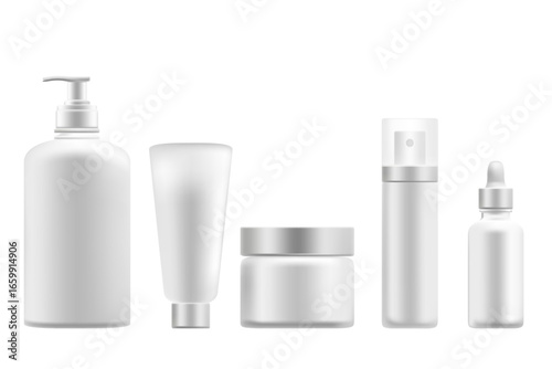 Cosmetic 3D product packaging mockup set, isolated, transparent background. Cleansing gel bottle, cream jar, serum dropper, spray bottle, white plastic, gray lid. Beauty skin care moisturizer pack