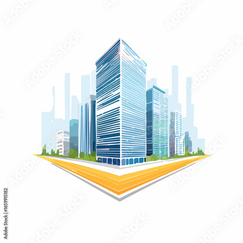 A dynamic cityscape of towering urban buildings, a modern downtown skyline