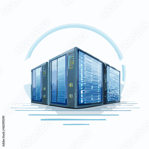 A 3D vector illustration of a cloud computing network with a skyscraper design
