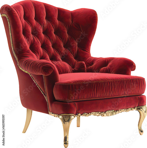 Luxurious Red Velvet Wingback Armchair with Gold Trim and Carved Legs furniture seating