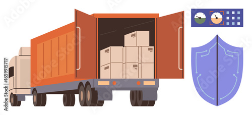 Cargo truck loaded with boxes, shield emblem, and analytics panel representing logistics, freight safety, distribution, supply chain, cargo management, storage solutions, and transport efficiency