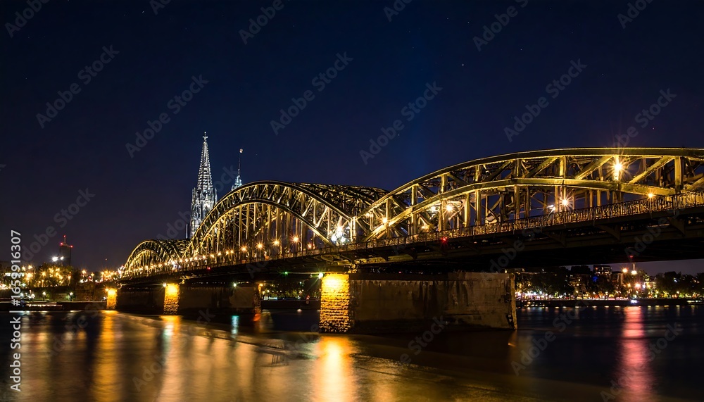 Fototapeta premium Illuminated steel bridge at night over a river.