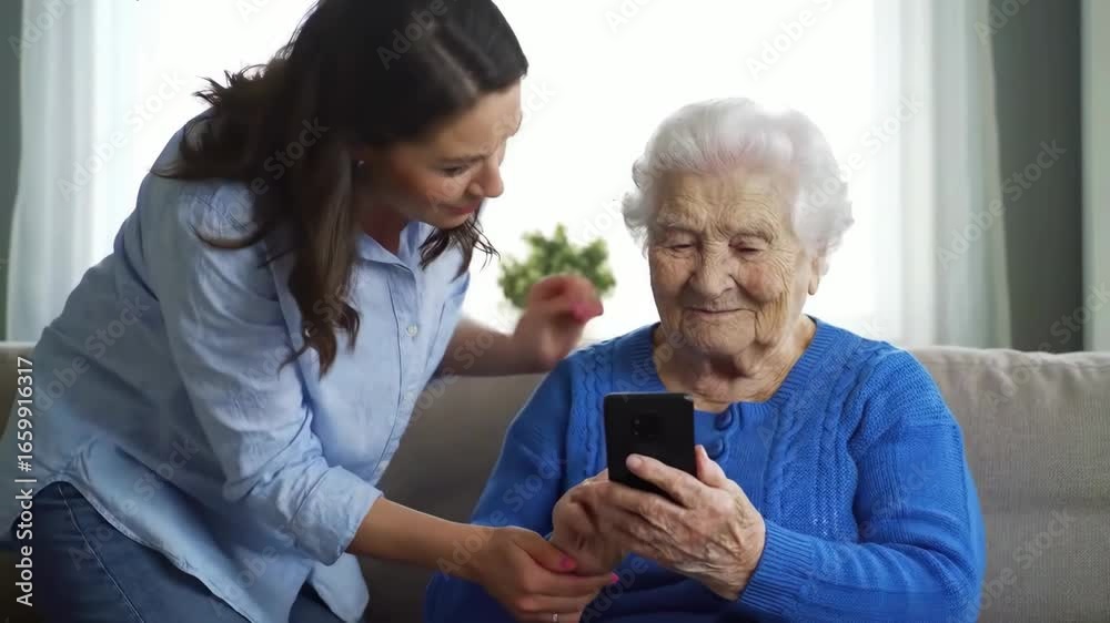 A young woman helps her grandmother navigate a smartphone while sitting comfortably on a couch at home. Their expressions show joy and connection during this meaningful moment. A young woman helps her grandmother navigate a smartphone while sitting comfortably on a couch at home. Their expressions show joy and connection during this meaningful moment.