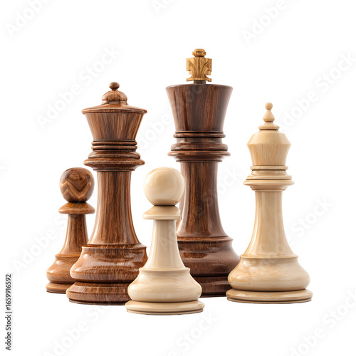 Wooden chess pieces isolated on black background