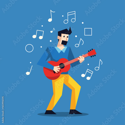 Vibrant musician passionately plays guitar surrounded by musical notes and abstract shapes, creating a lively and energetic atmosphere for creative projects.