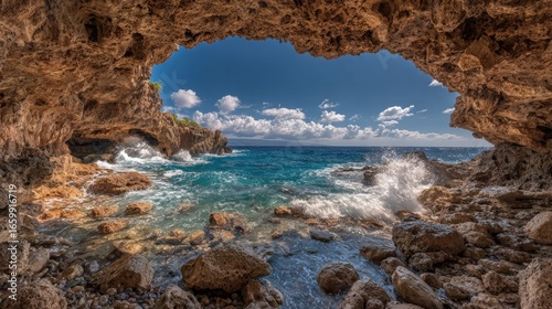 Scenic Coastal View from a Cave Entrance Overlooking Turquoise Waters and Rocky Shoreline under a Blue Sky
