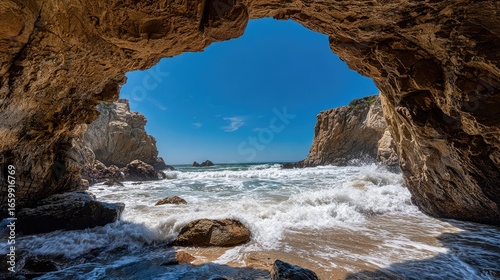 Scenic Coastal Cave View with Waves Crashing on Sandy Beach under Bright Blue Sky
