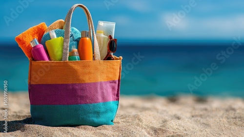 Wallpaper Mural Colorful beach bag filled with sunscreen, towels, and accessories ready for a sunny day at the beach Torontodigital.ca