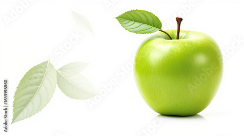 Fresh green apple with leaves on a white background for healthy eating and nutrition