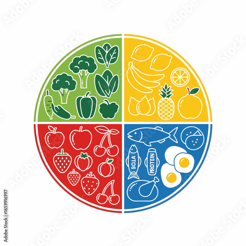 Vibrant healthy food plate illustration offering balanced nutrition for a wholesome lifestyle, promoting wellness and healthy eating habits for all ages.