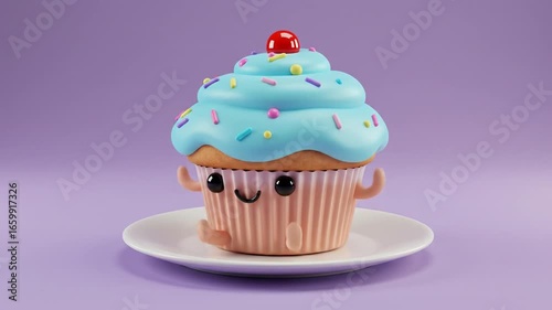 Animated Cupcake Character with Blue Frosting and Colorful Sprinkles on White Plate in Studio Setup
