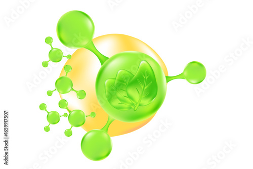 Green eco, organic 3D liquid molecule icon, with glowing leaves, fluid bubbles, isolated element, transparent background. Bio herb cosmetic serum formula. Beauty biotechnology treatment nutrition.