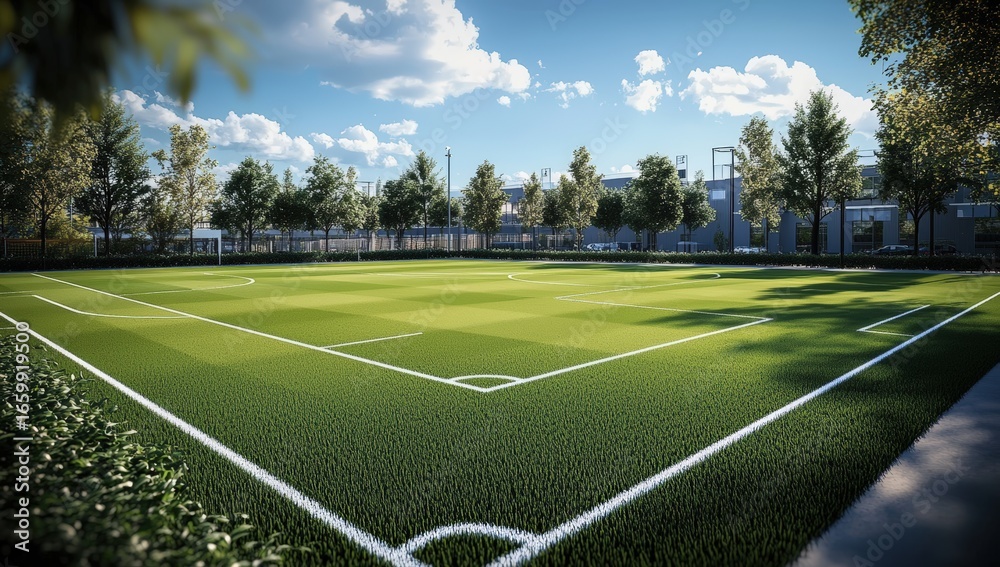 Fototapeta premium A well-maintained soccer field with bright green grass, clear white markings, surrounded by trees and buildings under a bright blue sky with clouds.