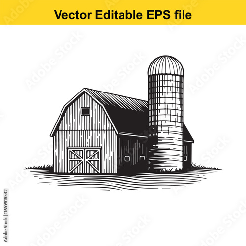 Black and white illustration of a barn and silo, isolated on white background