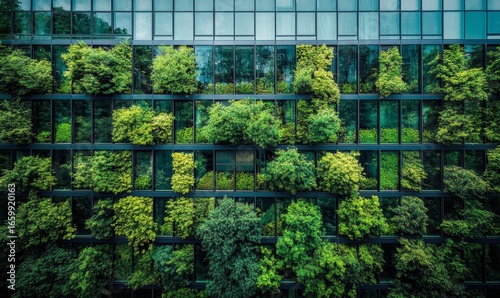 Exemplifying the ESG (Environmental, Social, Governance) concept, a corporate glass building facade reflects lush green trees. The image highlights the importance of integrating, Generative AI