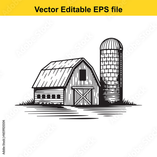 Rustic wooden barn and silo, traditional farm building, isolated on white background