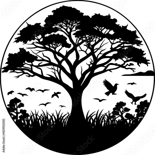 Vultures Roosting on Tree Silhouette at Sunset in Okavango Delta, Botswana