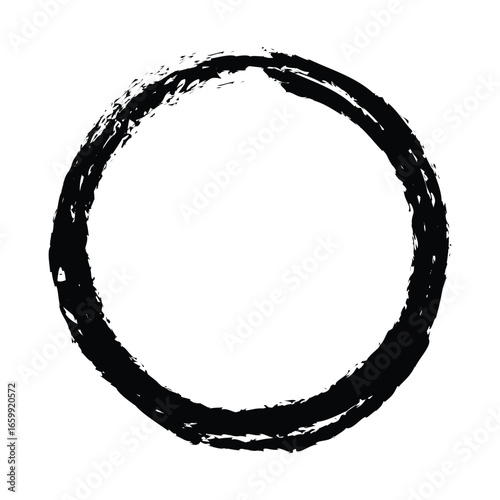 A rustic, hand-drawn Zen ensō circle created with a coarse black brush stroke, a profound symbol of enlightenment, the universe, and elegant simplicity.
