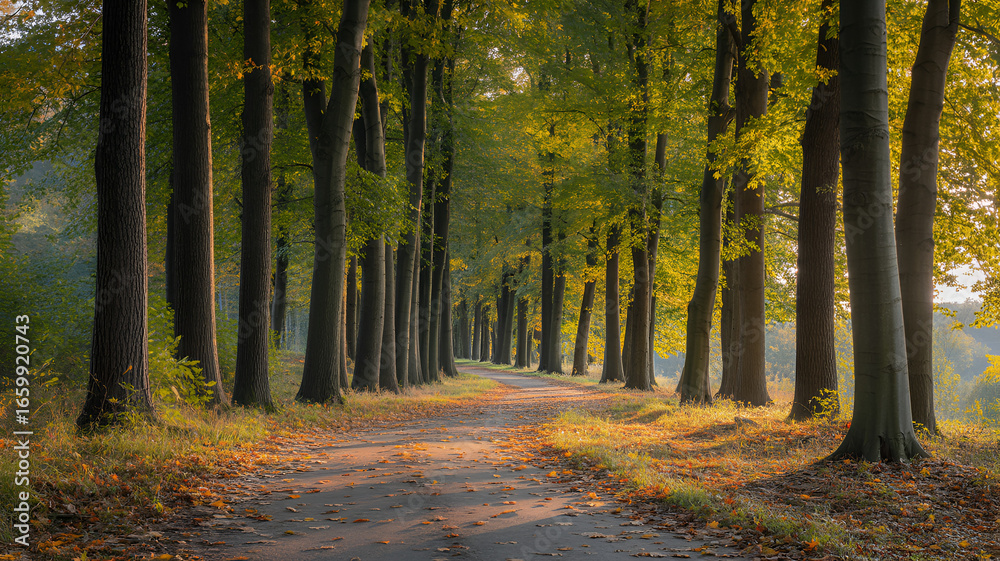 Obraz premium Autumnal Avenue of Trees Capturing Golden Light Serene Forest Path with Fallen Leaves and Natural Beauty Landscape