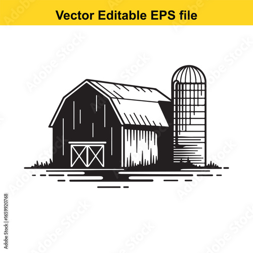 Black and white illustration of a traditional barn with a silo, isolated on white background