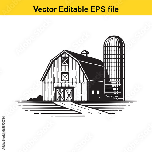 Rustic wooden barn with silo and pathway, farm building, isolated on white background