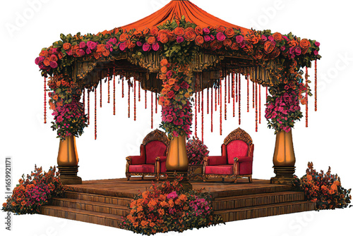 Ornate Indian Wedding Mandap with Red Chairs and Floral Decorations on White Background wedding stage