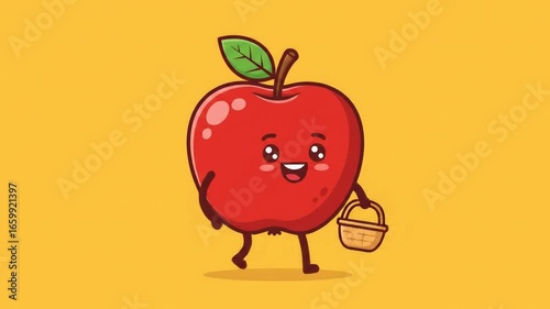 Animated Apple Character Walking Cheerfully with Basket in Bright Yellow Background