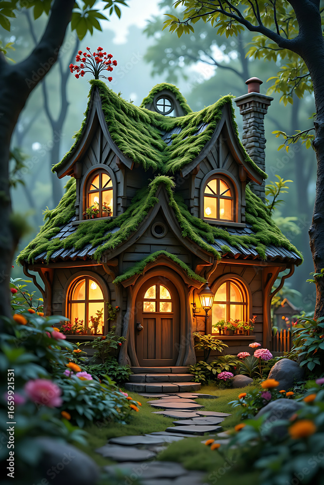 Fototapeta premium Fairy tale scene featuring a stoned pathway toward a whimsical forest cottage with moss-covered roof and illuminated by glow golden lighting inside, surrounded by lush greenery and foliage 