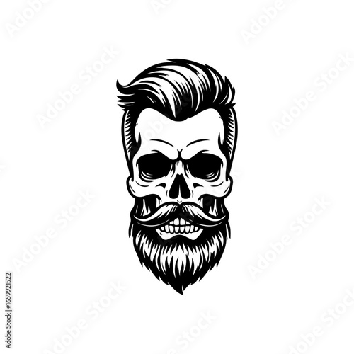 Illustration of bearded skull isolated on white background. Barbers skull. Design element for logo, sign, poster, emblem. Vector illustration