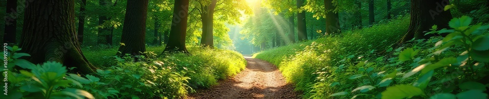 Obraz premium Sunlight dapples the forest floor as a trail winds through lush green foliage, dappled sunlight illuminating the path ahead Perfect for adventure, nature, and travel themes , hiking, outdoor