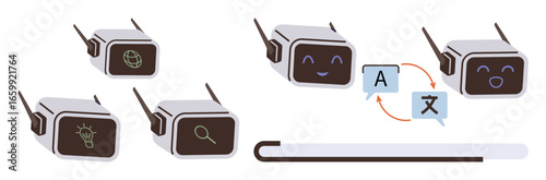 Robots with glowing screens perform multilingual translation, display search and idea icons, and convey emotions. Ideal for AI, language tools, creativity, tech innovations, communication, global