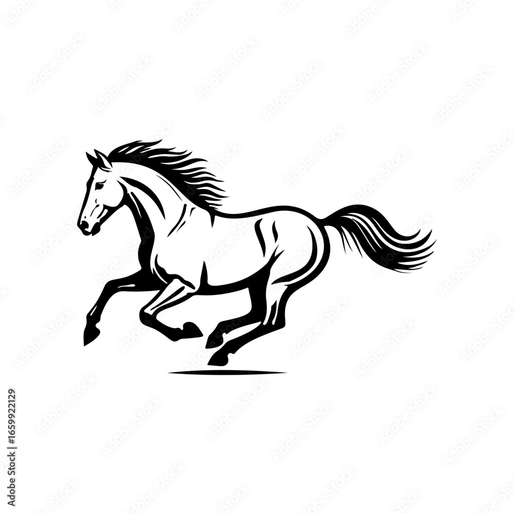 Obraz premium Black and white illustration of a running horse. Monochrome image of a horse. Design element for logo, sign, poster, emblem. Vector illustration