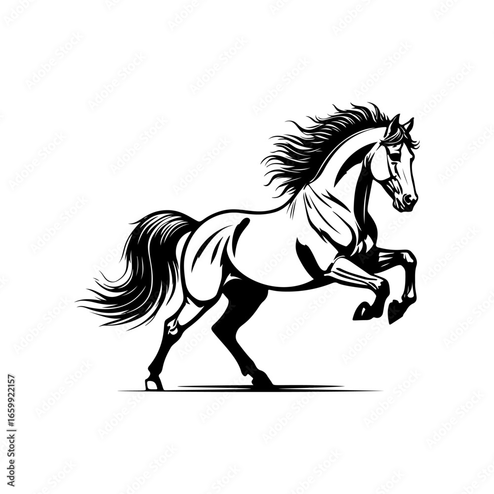Obraz premium Black and white illustration of a running horse. Monochrome image of a horse. Design element for logo, sign, poster, emblem. Vector illustration