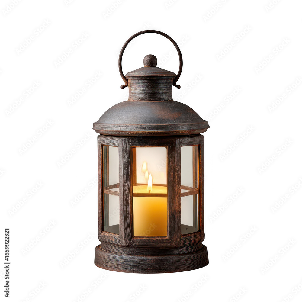Rustic metal lantern with glowing candle and flickering flames isolated on transparent background Rustic metal lantern with glowing candle and flickering flames isolated on transparent background