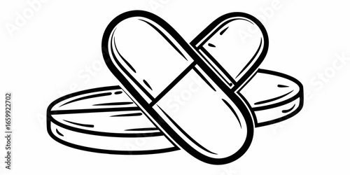 Illustration of two pills and one tablet in black and white medical treatment and health concept