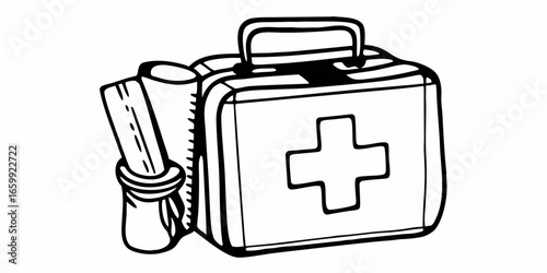 A first aid kit with a white cross and a roll of bandages in black and white illustration style