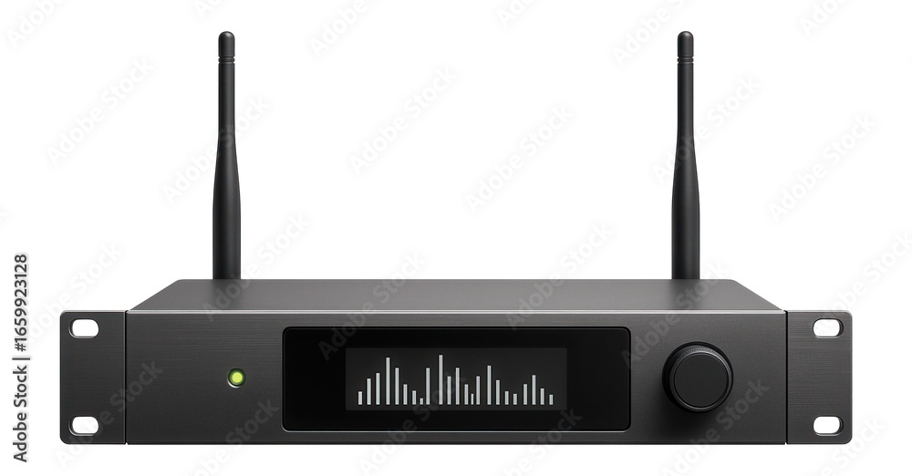 Rack-mounted receiver unit with dual antennas and LCD frequency display Rack-mounted receiver unit with dual antennas and LCD frequency display